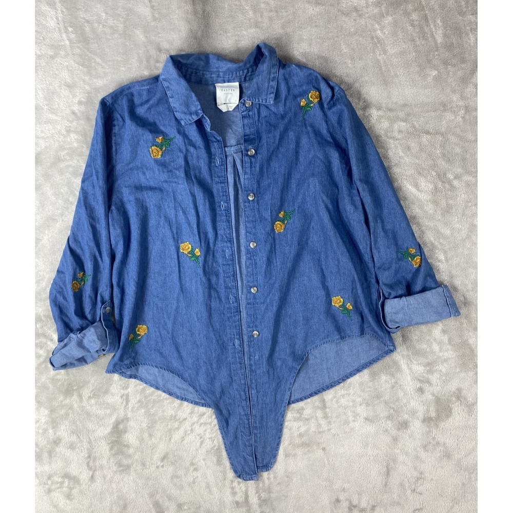 Harper Heritage Shirt Womens Large Denim Flower Tie Front Button Up Jean Cuffed